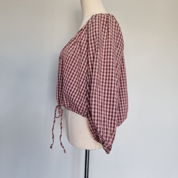 Ebby and I Pink & Brown Gingham Oversize Balloon Sleeve Top Size 10 - Picture 3 of 7